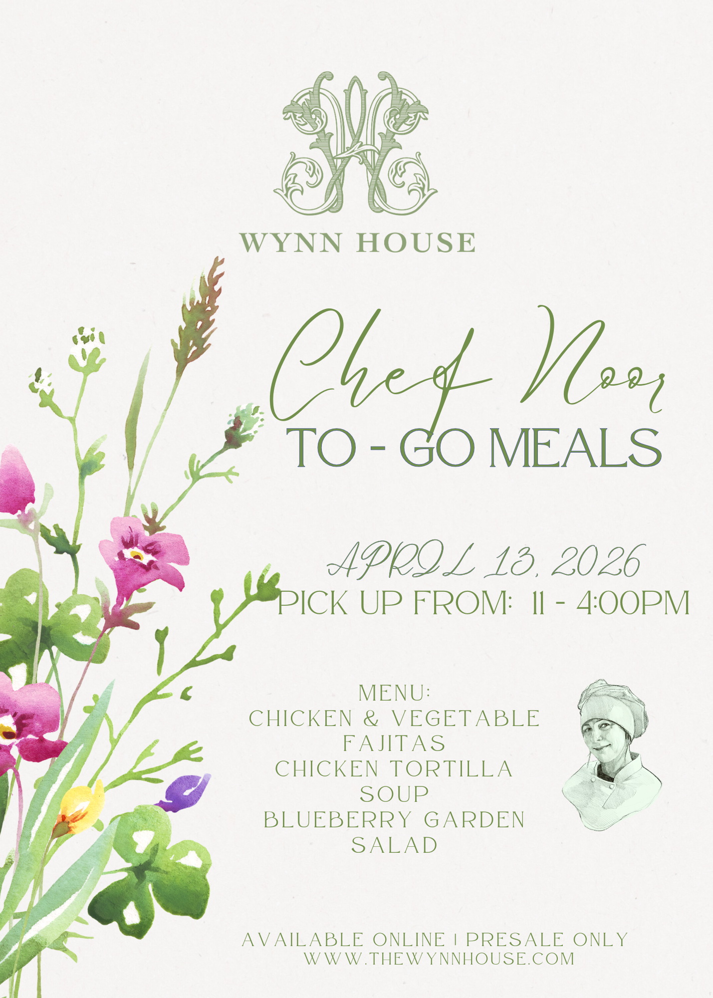 Wynn House menu for April 12, 2024 featuring chicken fajitas, tortilla soup, and salad, available for pickup 11am-4pm.