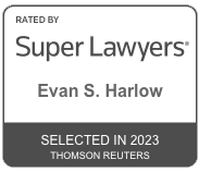 The logo for super lawyers is rated by evan s. harlow and selected in 2023.