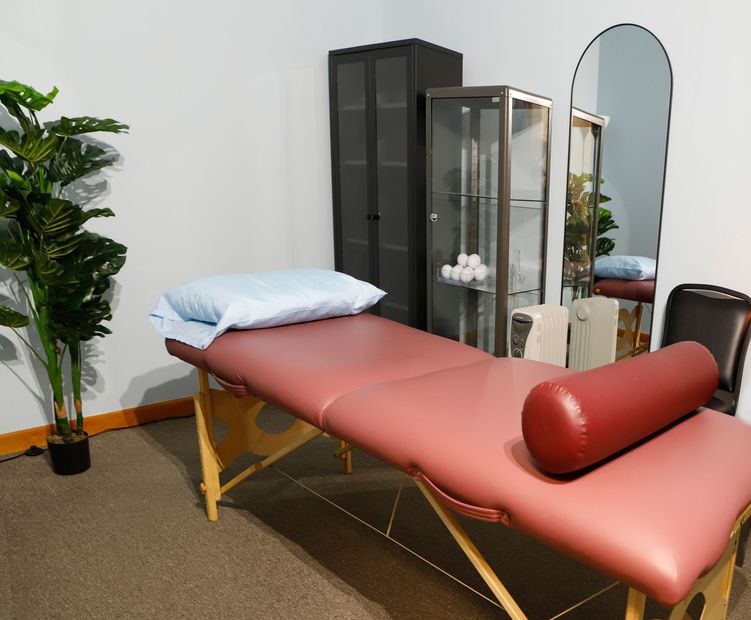 A massage table in a room with a mirror and a plant