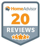 A home advisor 20 reviews badge with three stars on it.