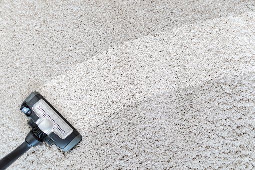 Blough's Carpet Cleaning and Restoration using a vacuum cleaner for deep cleaning a white carpet.