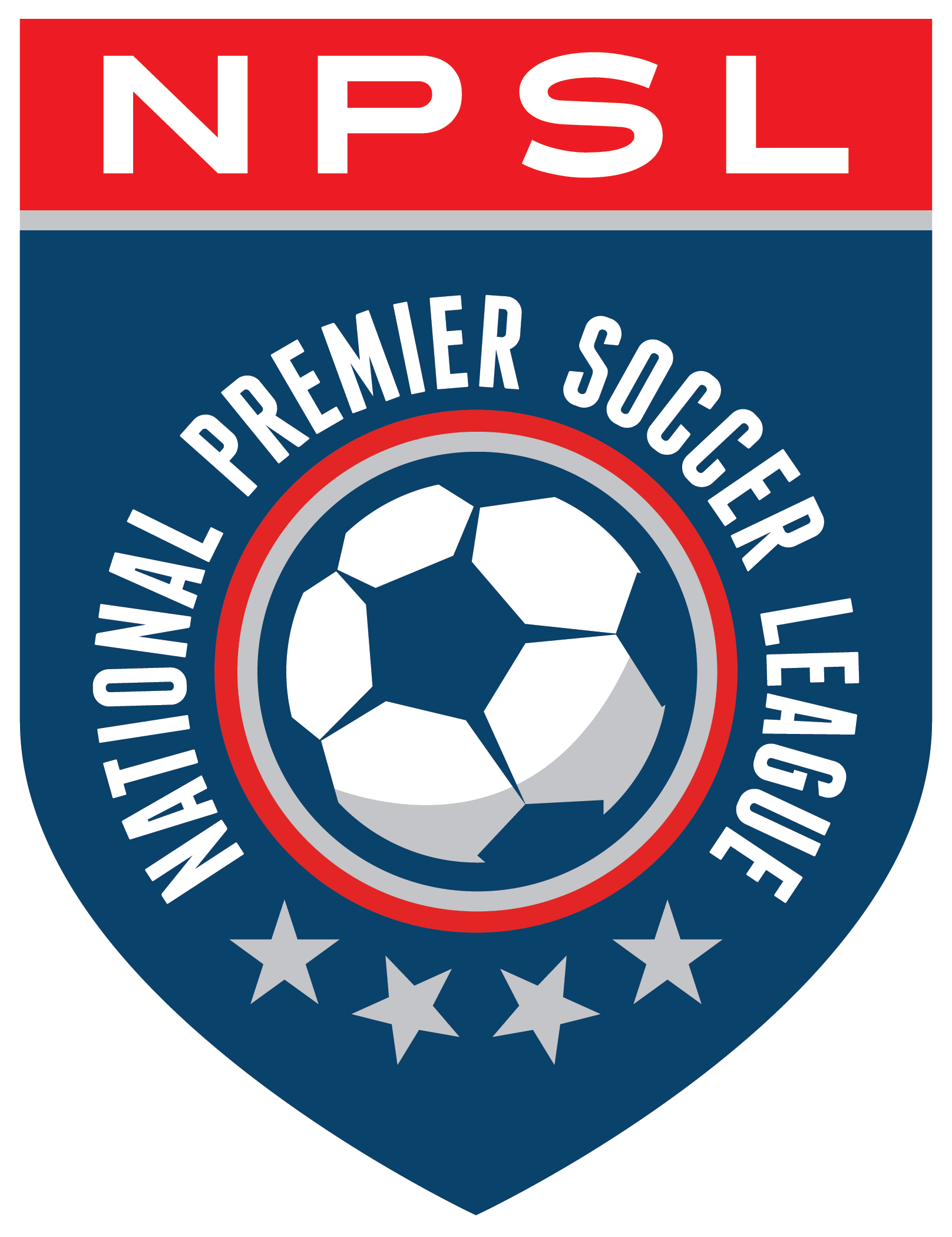 NPSL National Premier Soccer League shield logo in red, blue, white, and gray with a soccer ball center