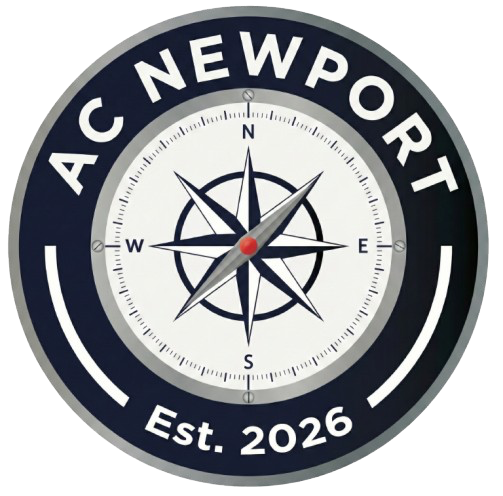 A circular logo for "AC Newport" featuring a nautical compass in the center and the text "Est. 2026" on a dark background.