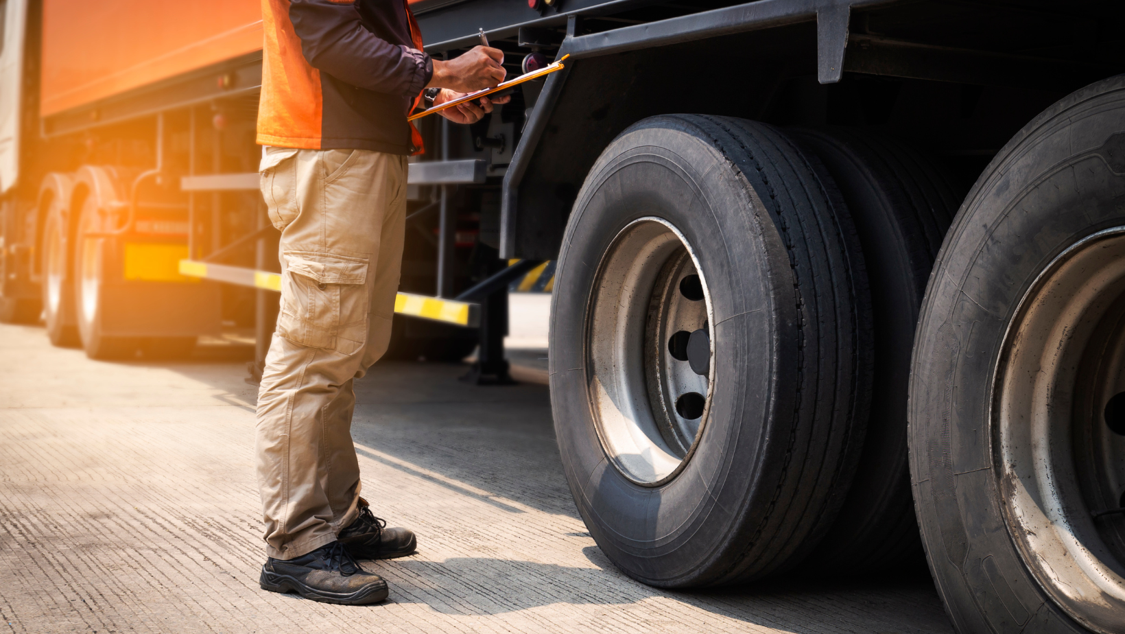 A man is standing next to a semi truck.