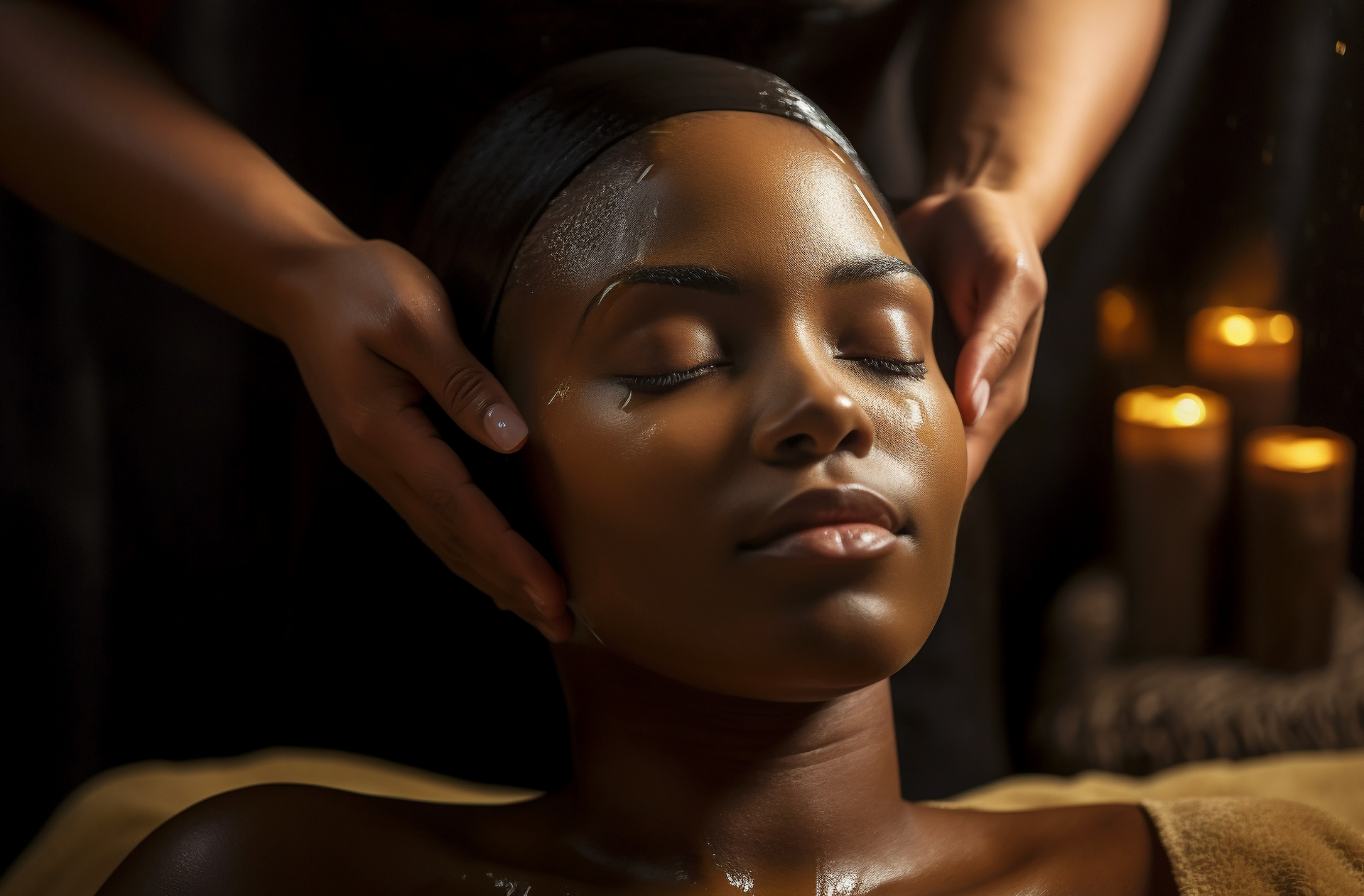 A woman is getting a head massage in a spa.