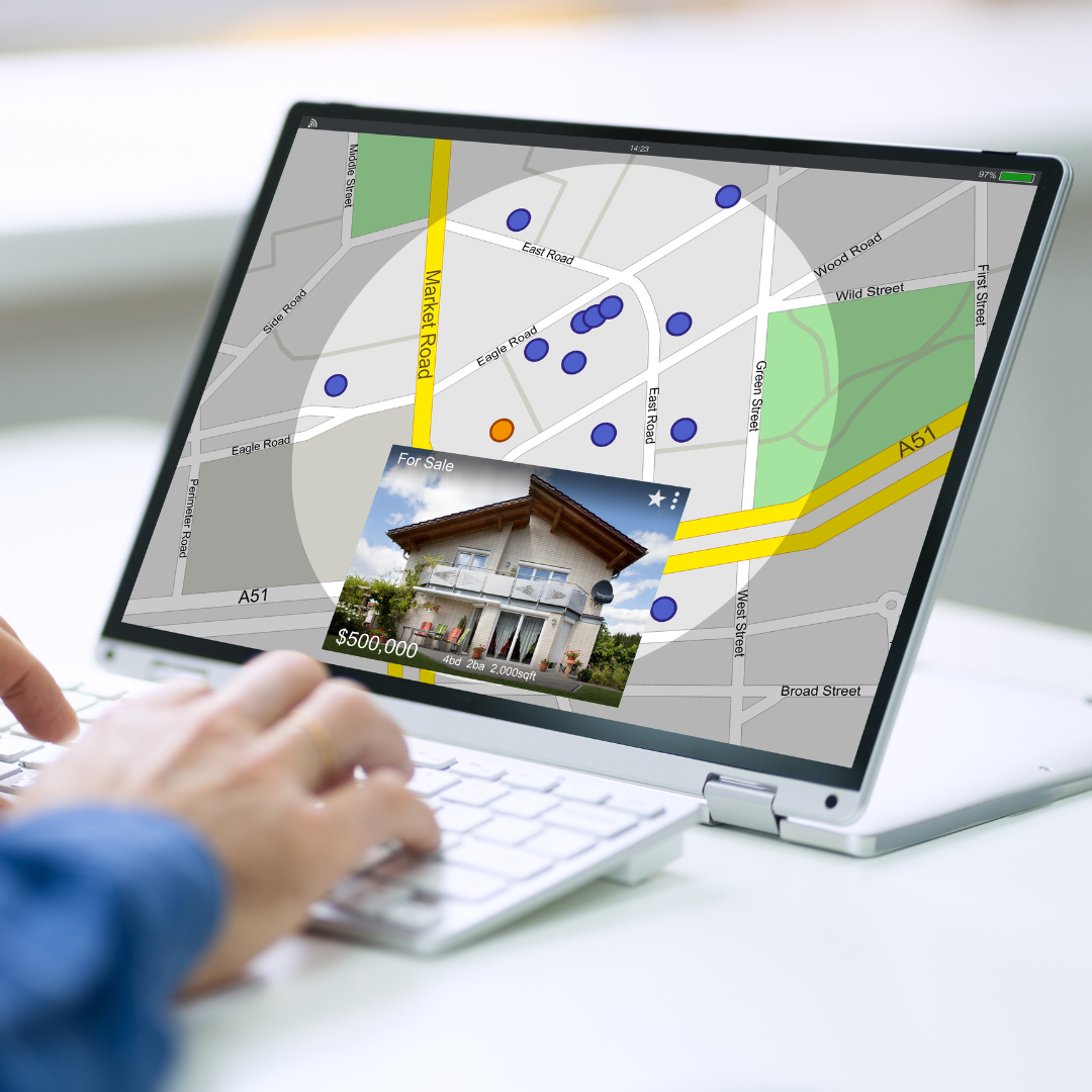 Person using laptop to view a map with house listings; a house photo is highlighted.