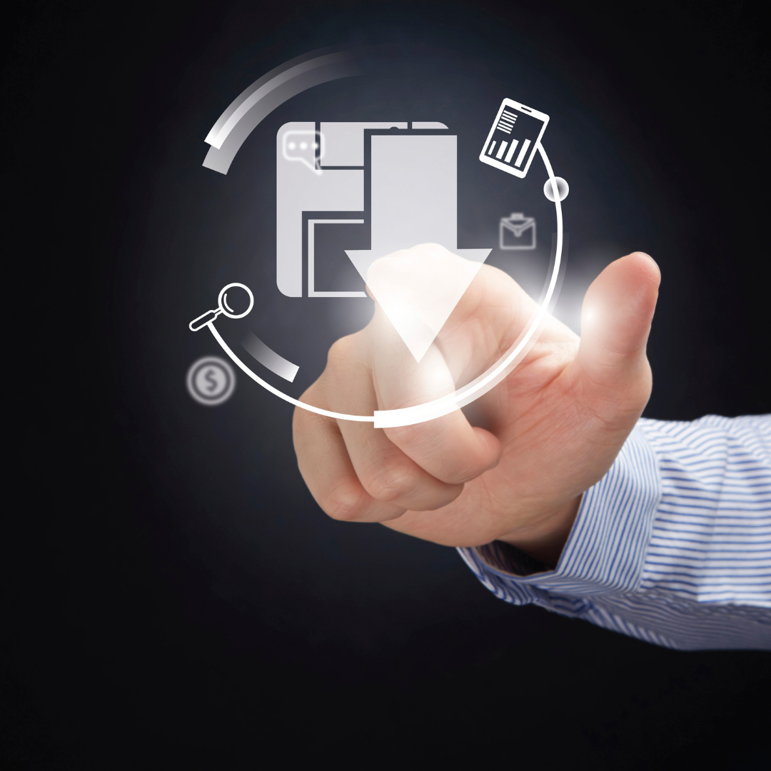 Hand pointing to a digital download icon surrounded by circular graphic elements.