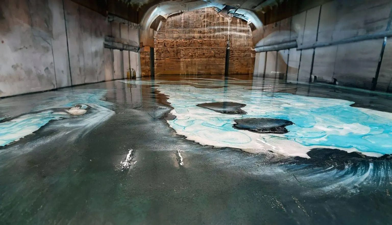 An interior view of a flooded, dark room with turquoise and black colored water on the floor.