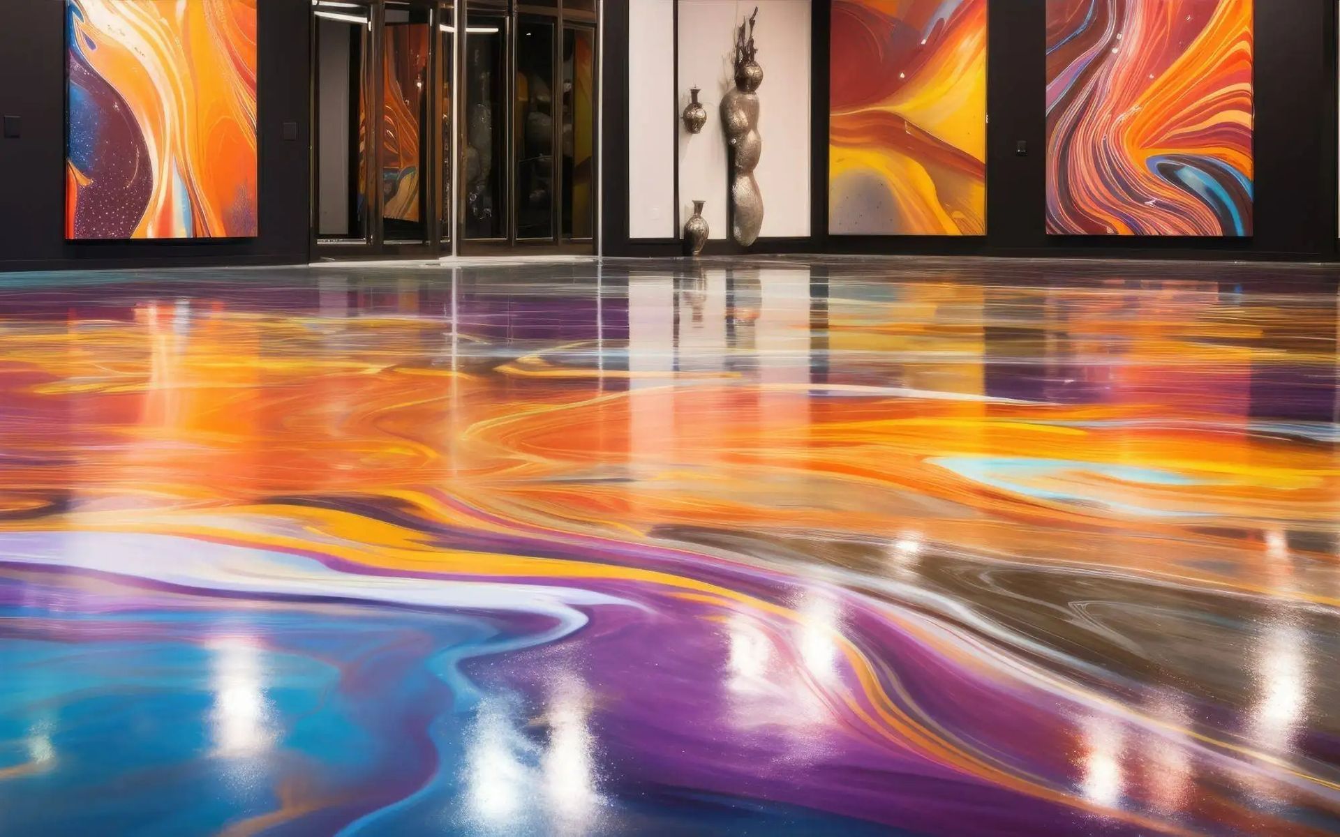 Colorful, swirled epoxy floor in an art gallery, reflecting the vivid hues of surrounding abstract paintings.