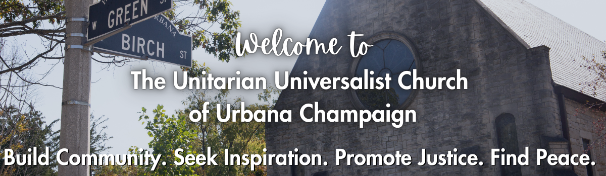 Stone gray church building on a sunny day, with a street sign Green and Birch in the foreground. There is text that reads 