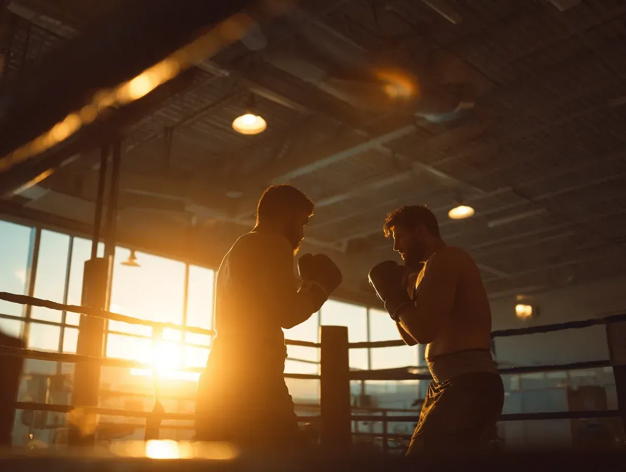 Two boxers sparring in a boxing ring, backlit by the setting sun, creating silhouettes.
