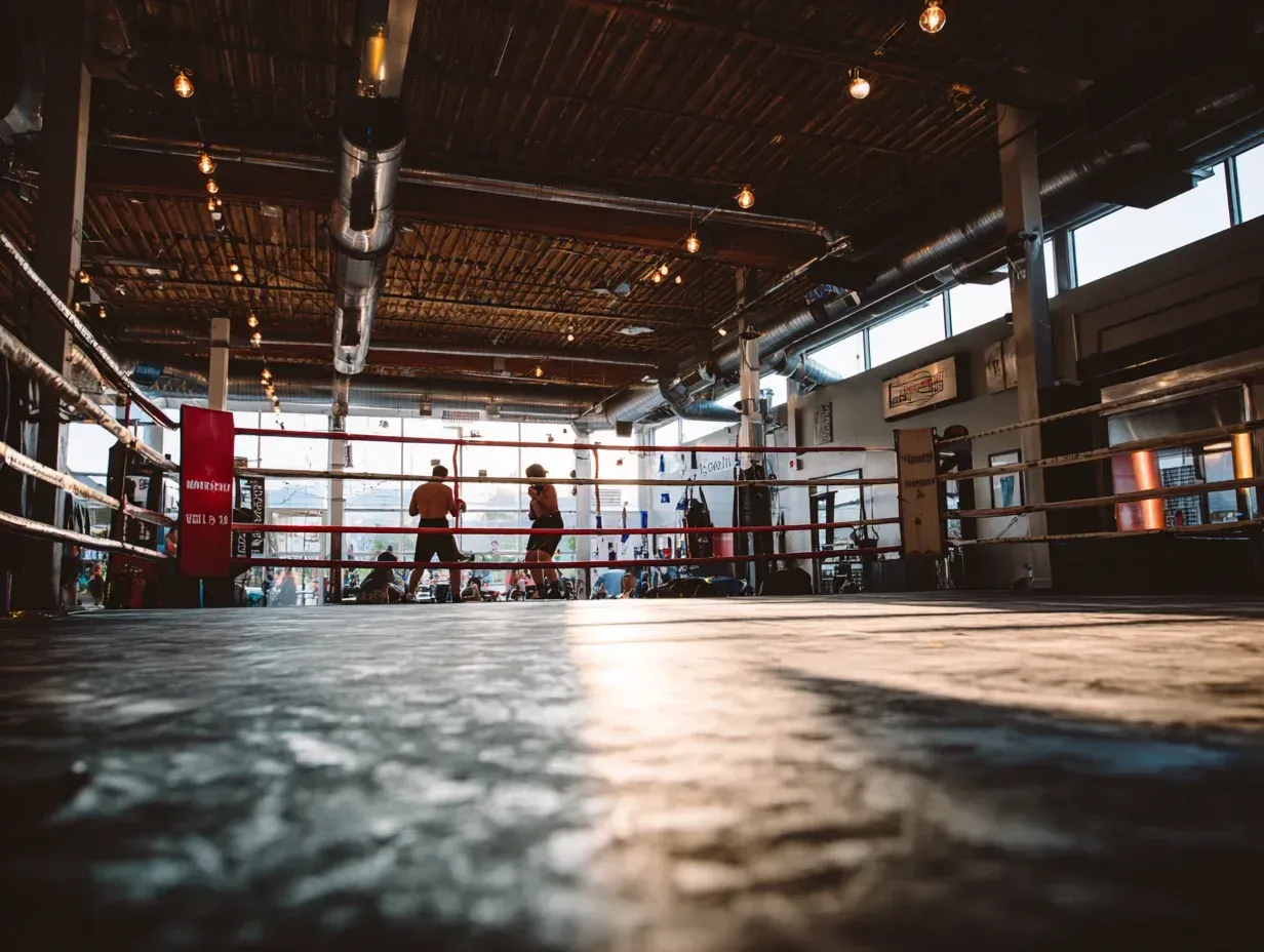 Boxing ring interior with three people, bright sunlight, and industrial decor.
