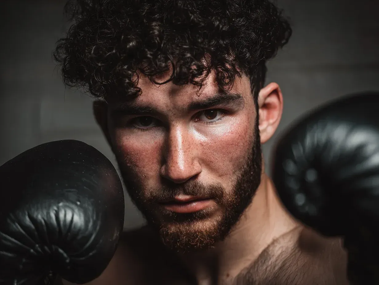 Boxer with dark curly hair, black gloves, focused expression, against a neutral background.
