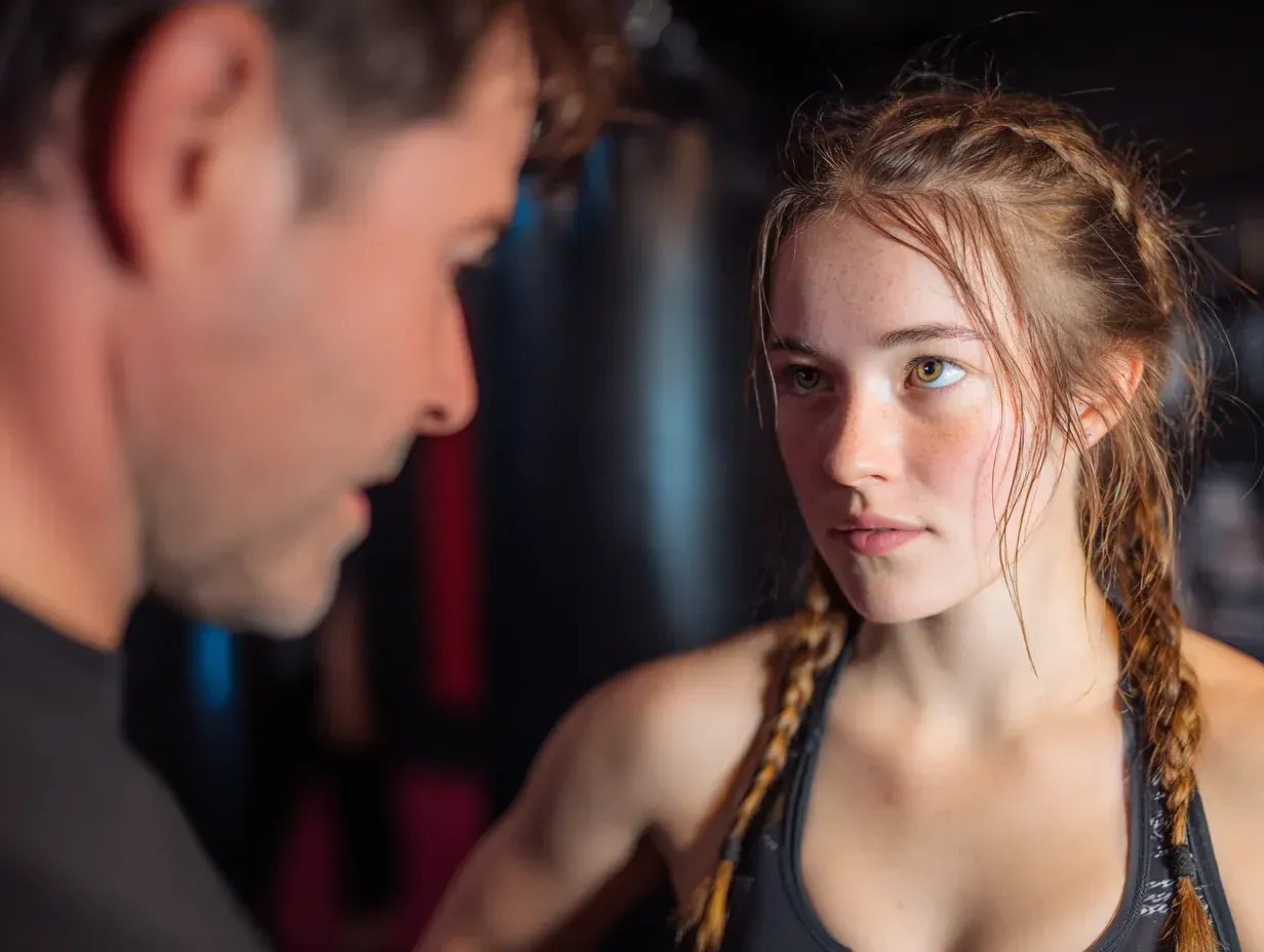 Woman in sports bra looks intently at a man in a gym; sweat, braided hair.