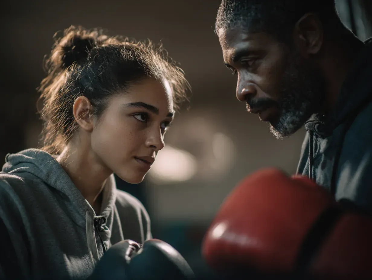 Boxer with coach, face to face in a boxing gym. The coach wears red gloves, the boxer wears black gloves. Focused expressions.