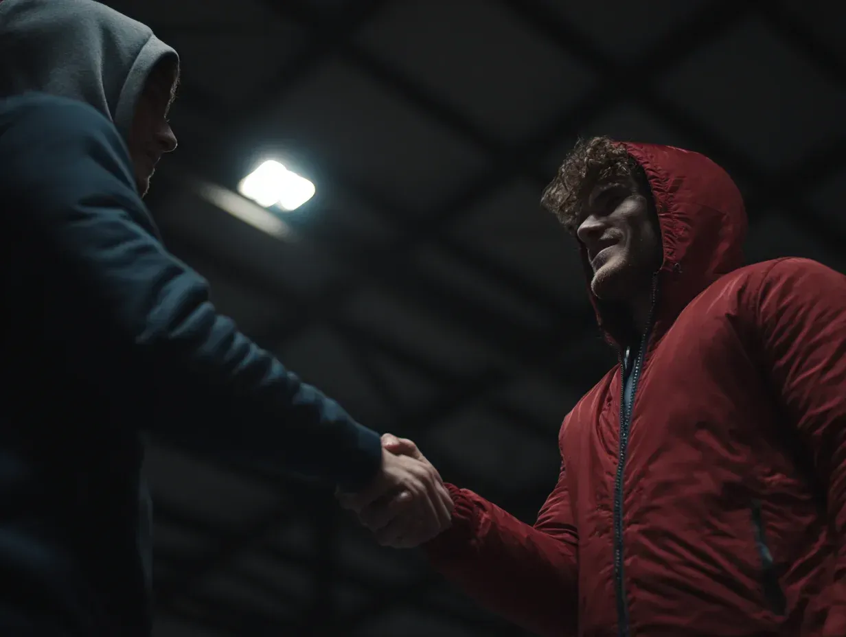 Two people in hoodies shaking hands indoors. One wears blue, the other red, both in a dimly lit setting.