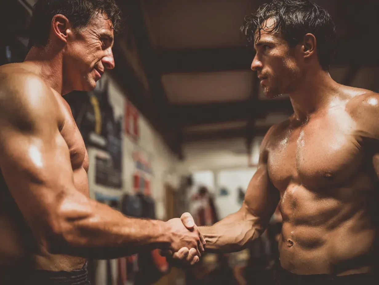 Two muscular men shaking hands in a dimly lit gym, glistening with sweat.