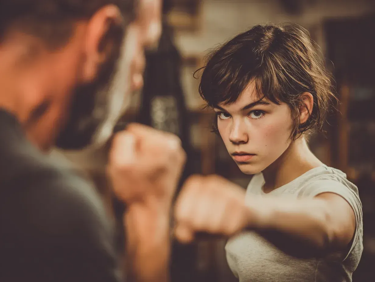 Boy throwing a punch in a boxing gym, smiling at the camera, with other kids in the background.