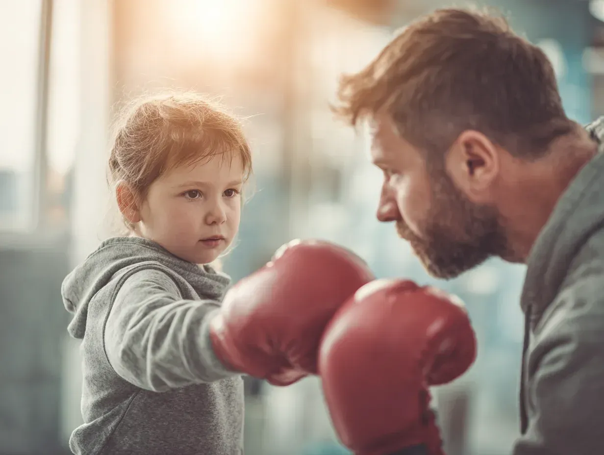A child wearing a hoodie and boxing gloves practices boxing with a man wearing gloves; indoor setting, serious expressions.