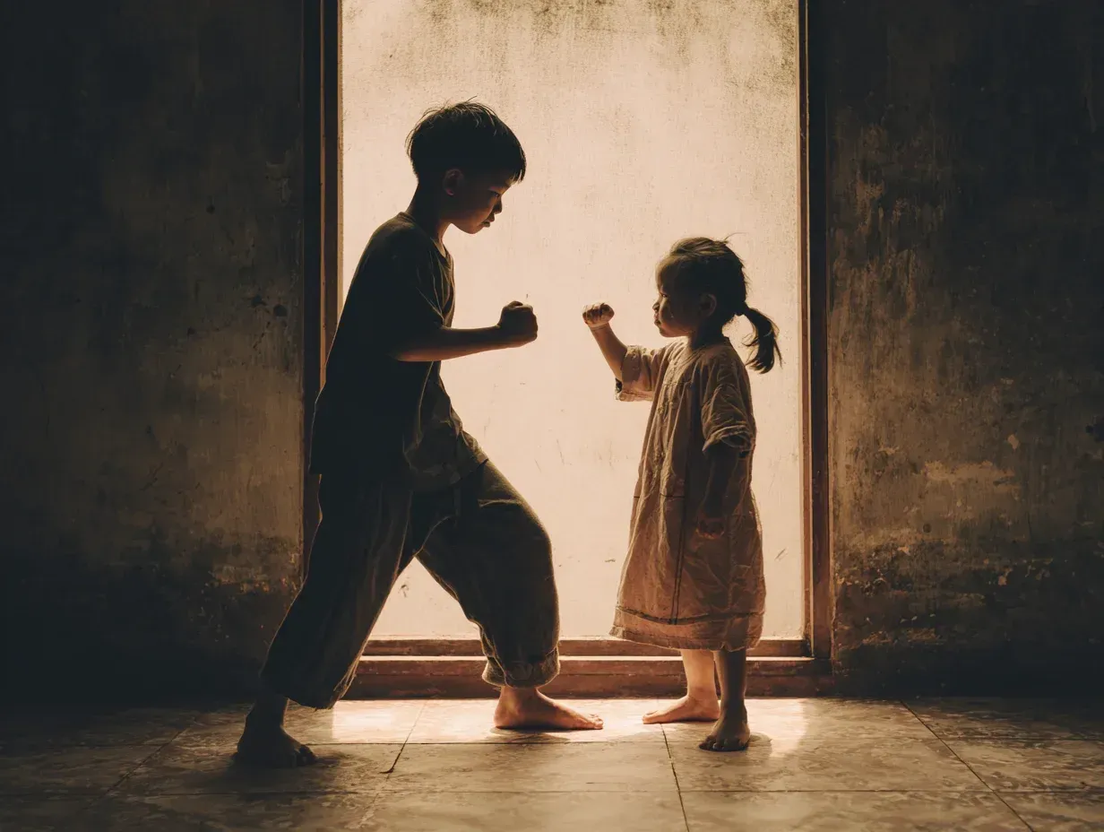 Two children shadowboxing in a doorway. One raises a fist, silhouetted in a dim interior.