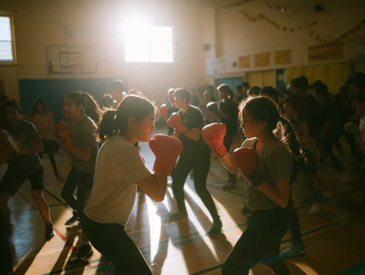 People wearing boxing gloves boxing in a gymnasium with bright sunlight.