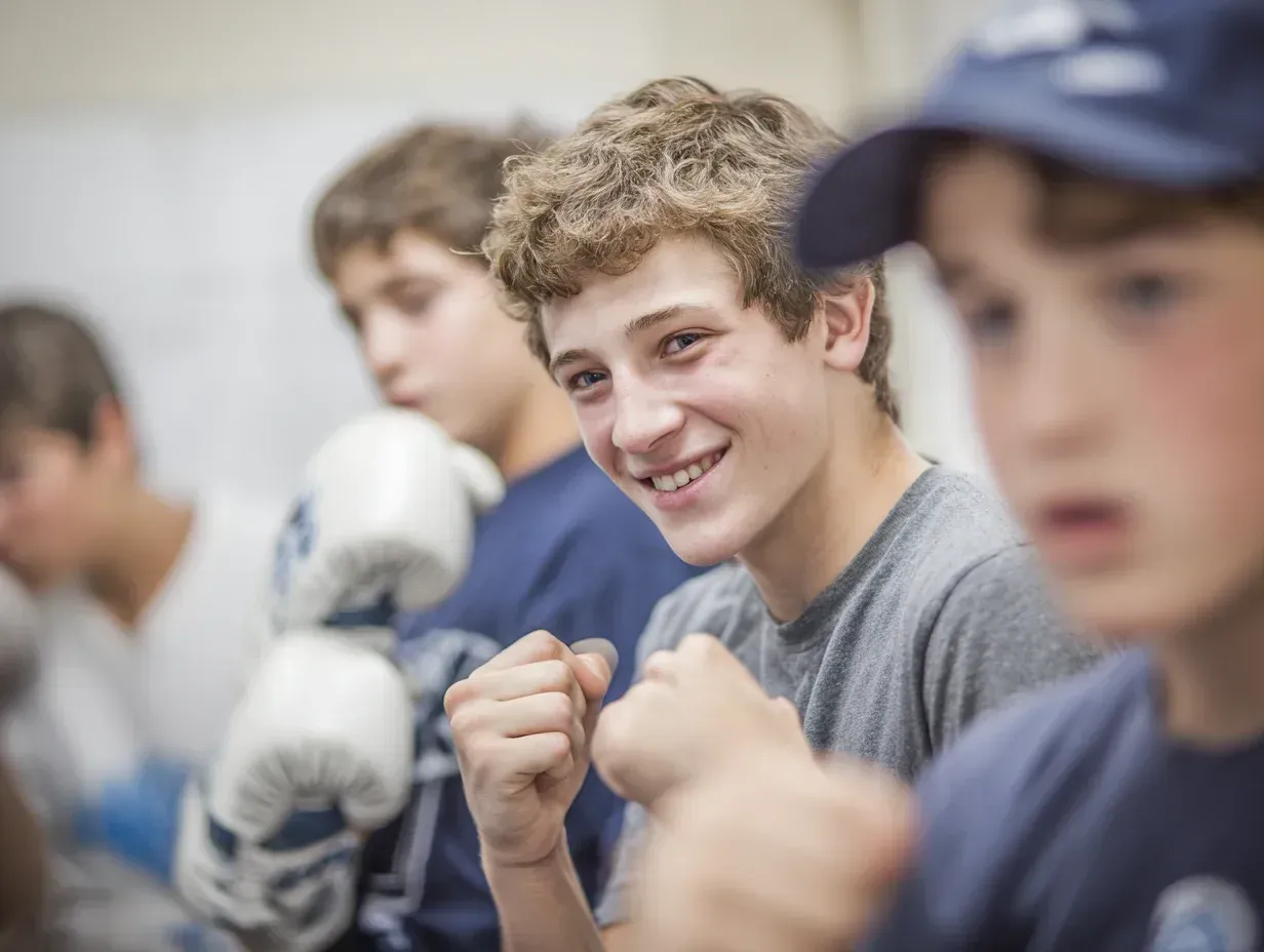 Boy smiling with fists up in boxing stance, others in background.