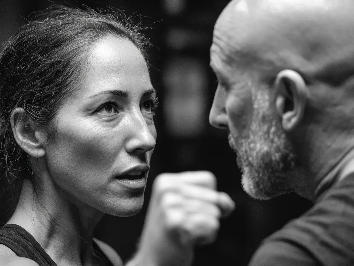 Woman and man face off, arms raised as if sparring, in a dark setting.