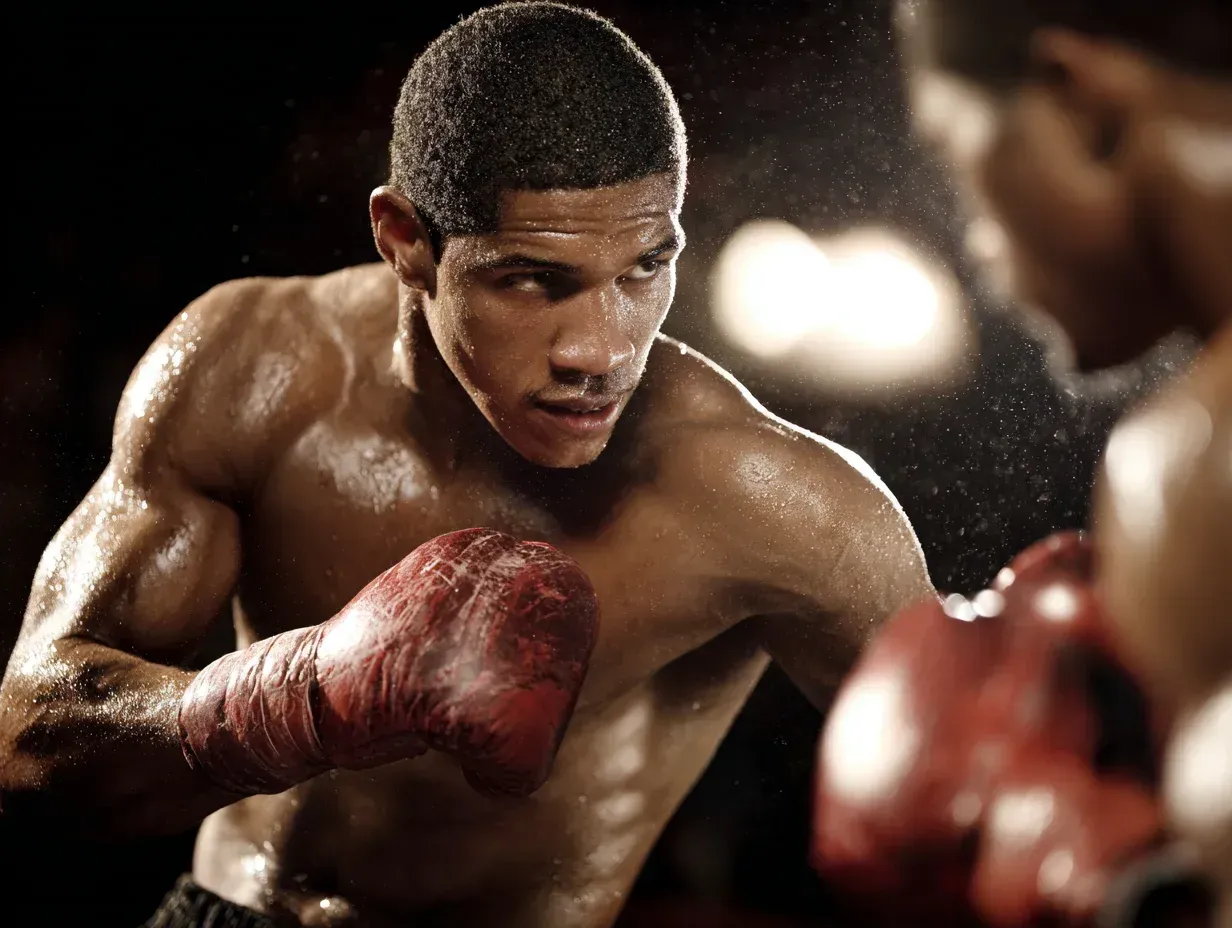 Boxer in red gloves, eyes focused, sweating, preparing to strike in a boxing ring.