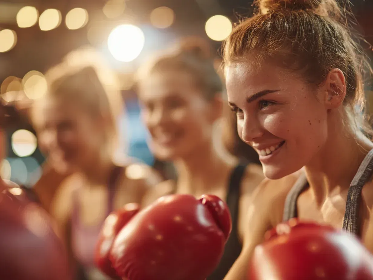 Woman with boxing gloves smiles in a gym with others in the background.