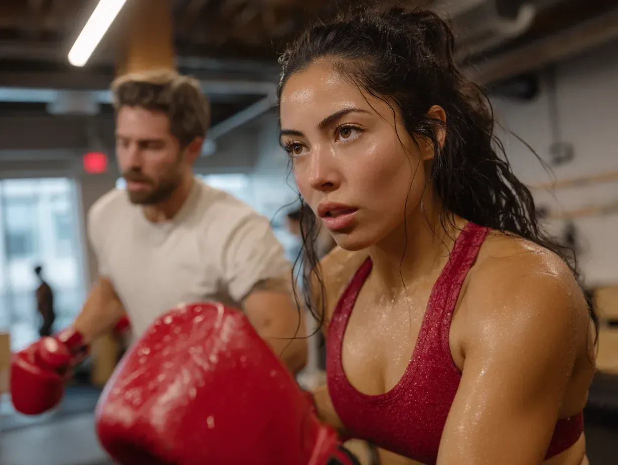 Woman boxing with trainer in gym, wearing red gloves and sports bra; both sweating.