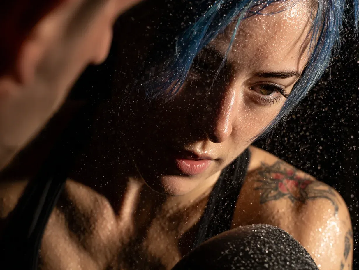Woman with blue hair, sweat, intense gaze, arm raised, dark setting.