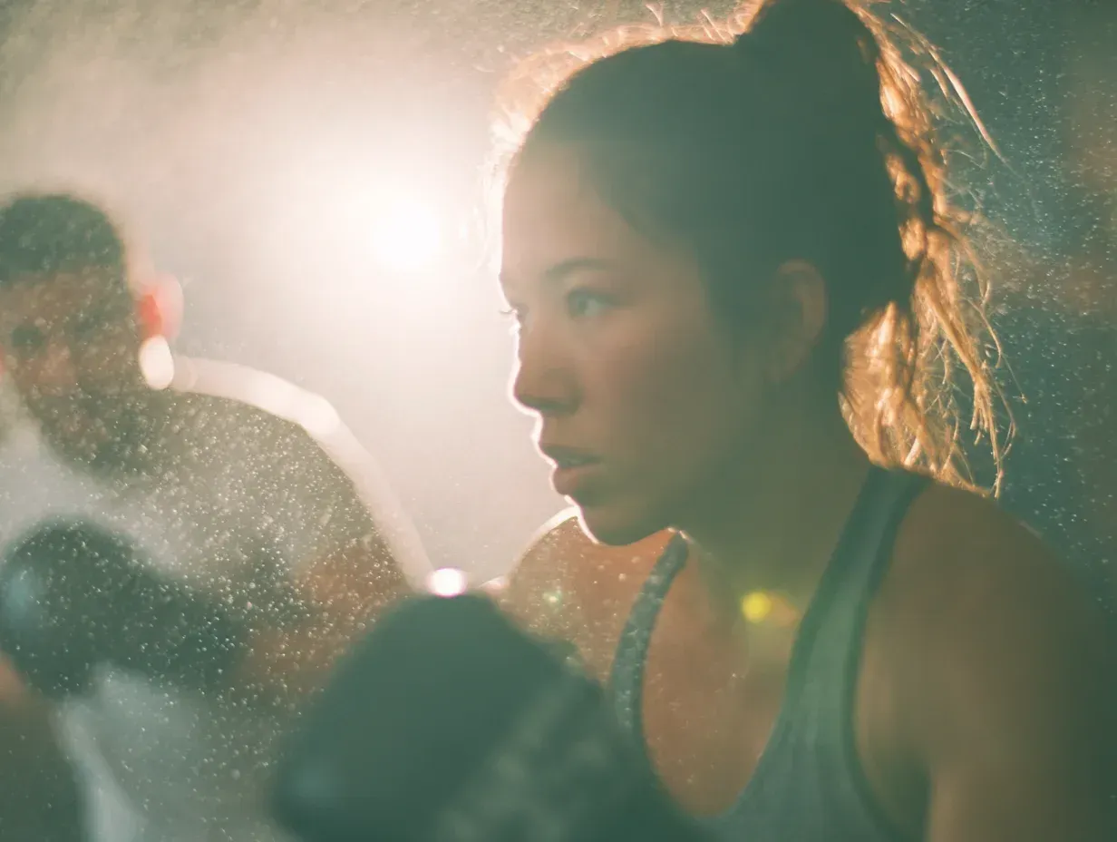 Woman boxing, focused expression, dust in the air, gym setting, other boxer in background.