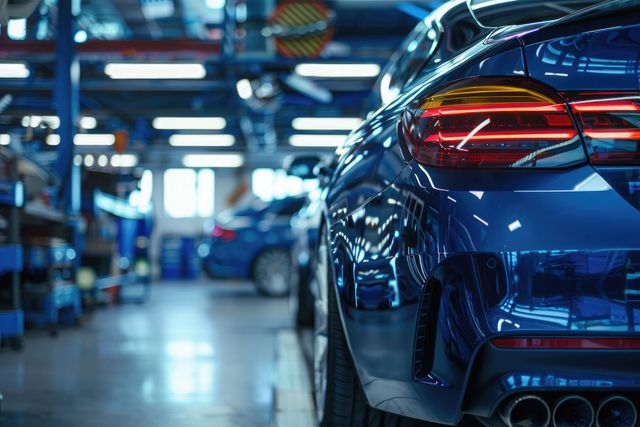 Close-up rear view of a dark blue luxury sports car inside a brightly lit automotive workshop or assembly plant.