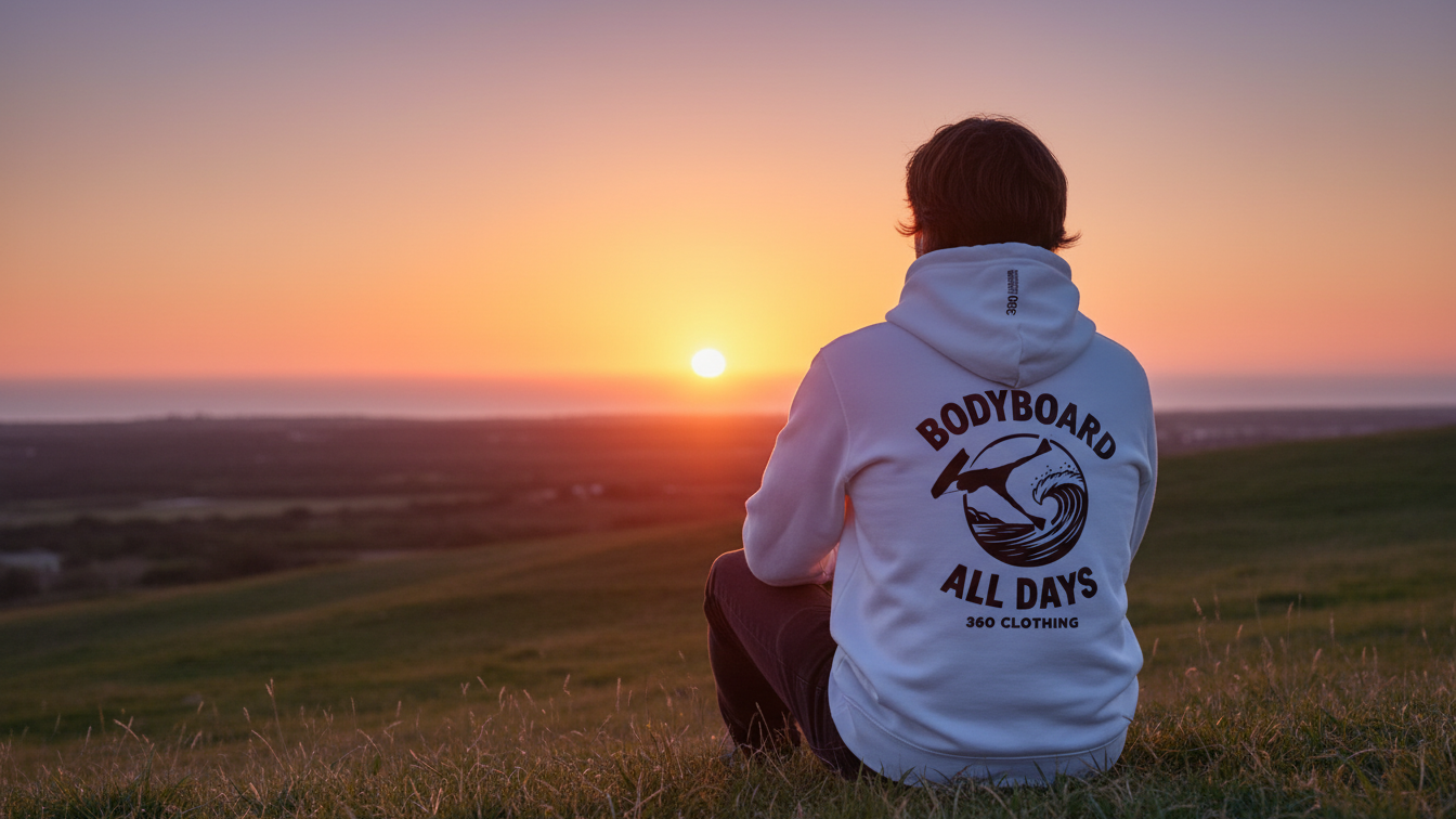 Uma van branca estacionada em uma praia de areia com o logotipo "360 Clothing Bodyboard". O oceano é visível ao fundo.