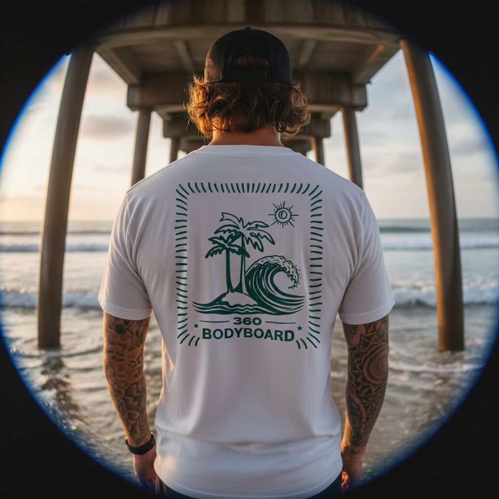 Homem vestindo uma camiseta branca com estampa de palmeira, em pé embaixo de um píer na praia.