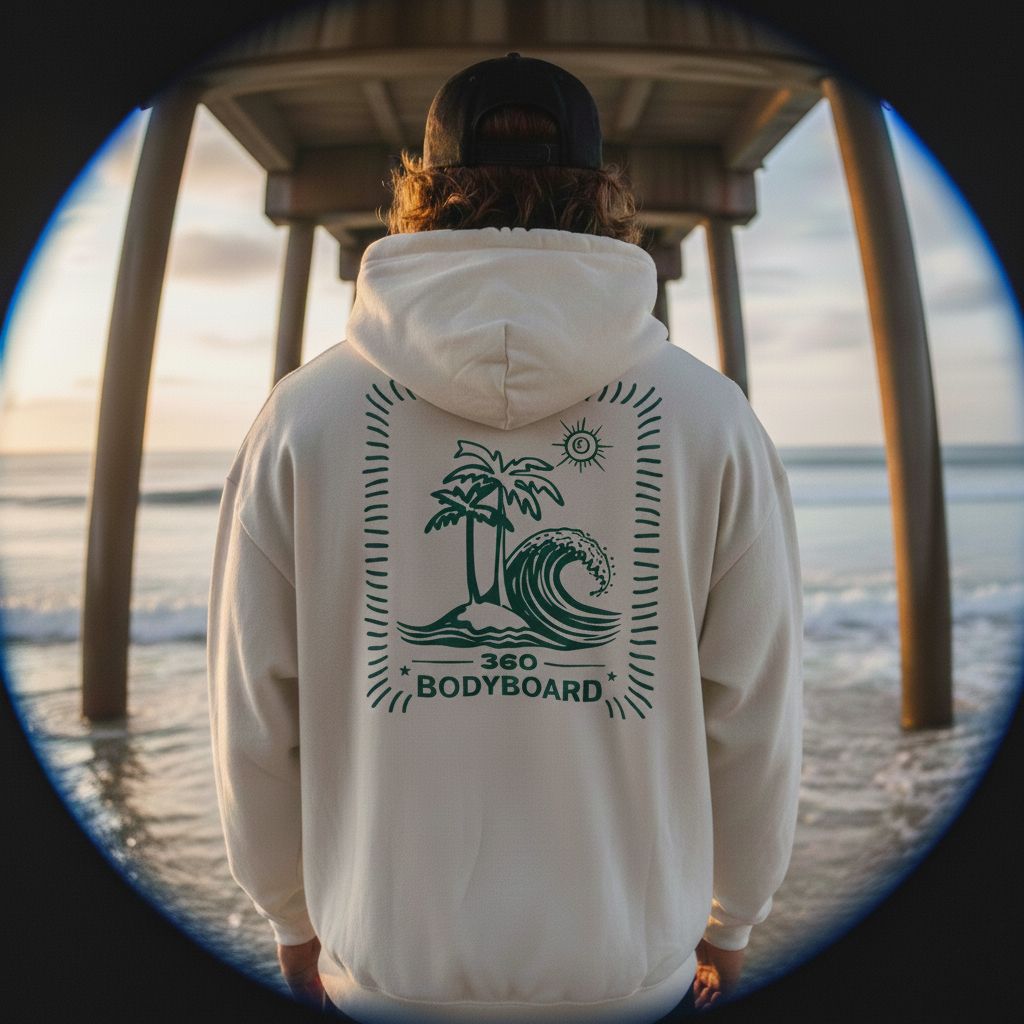 Pessoa vestindo um moletom cor creme com estampa de praia, em pé embaixo de um píer, com o oceano ao fundo.