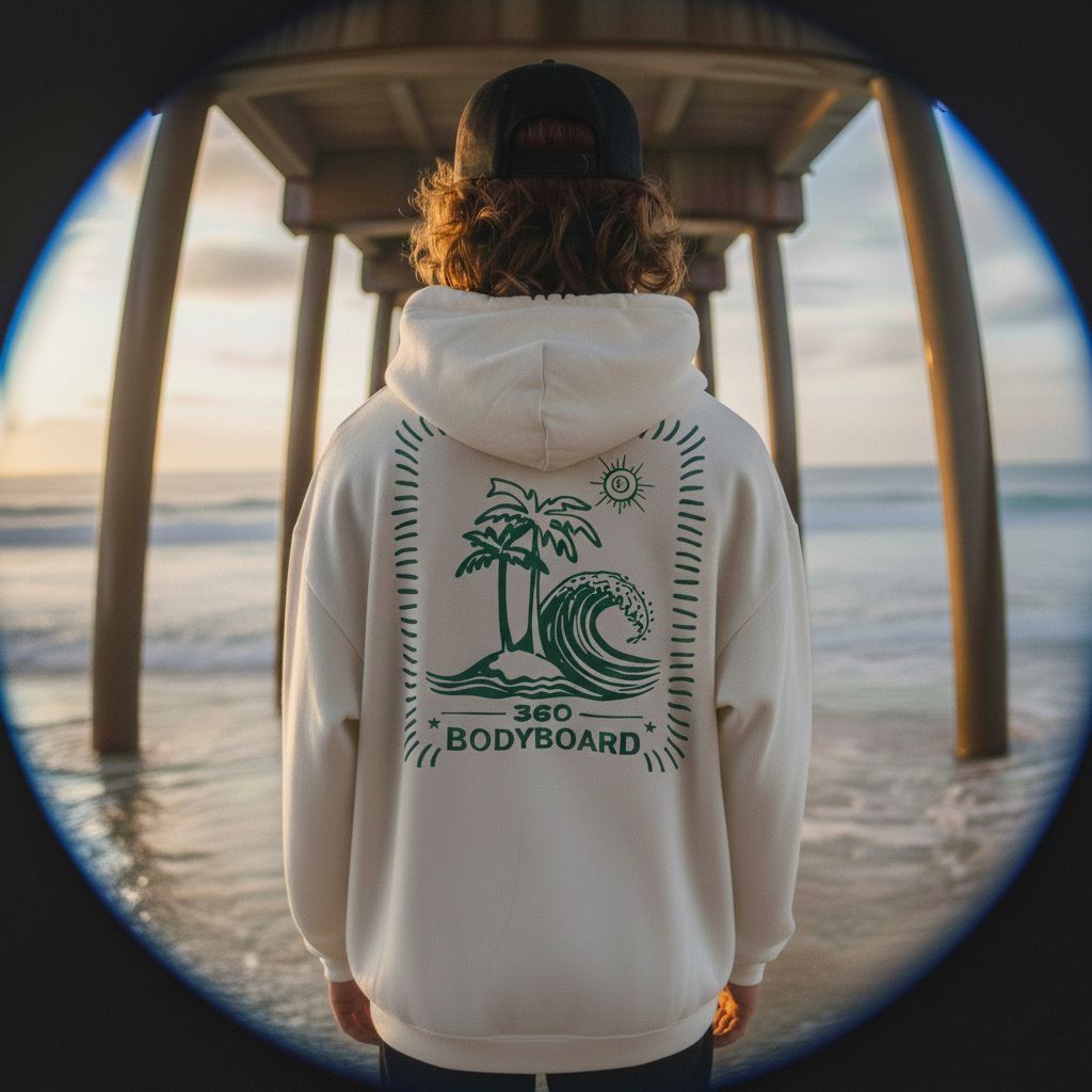 Uma pessoa vestindo um moletom com estampa de palmeira está em pé em uma praia, embaixo de um píer.