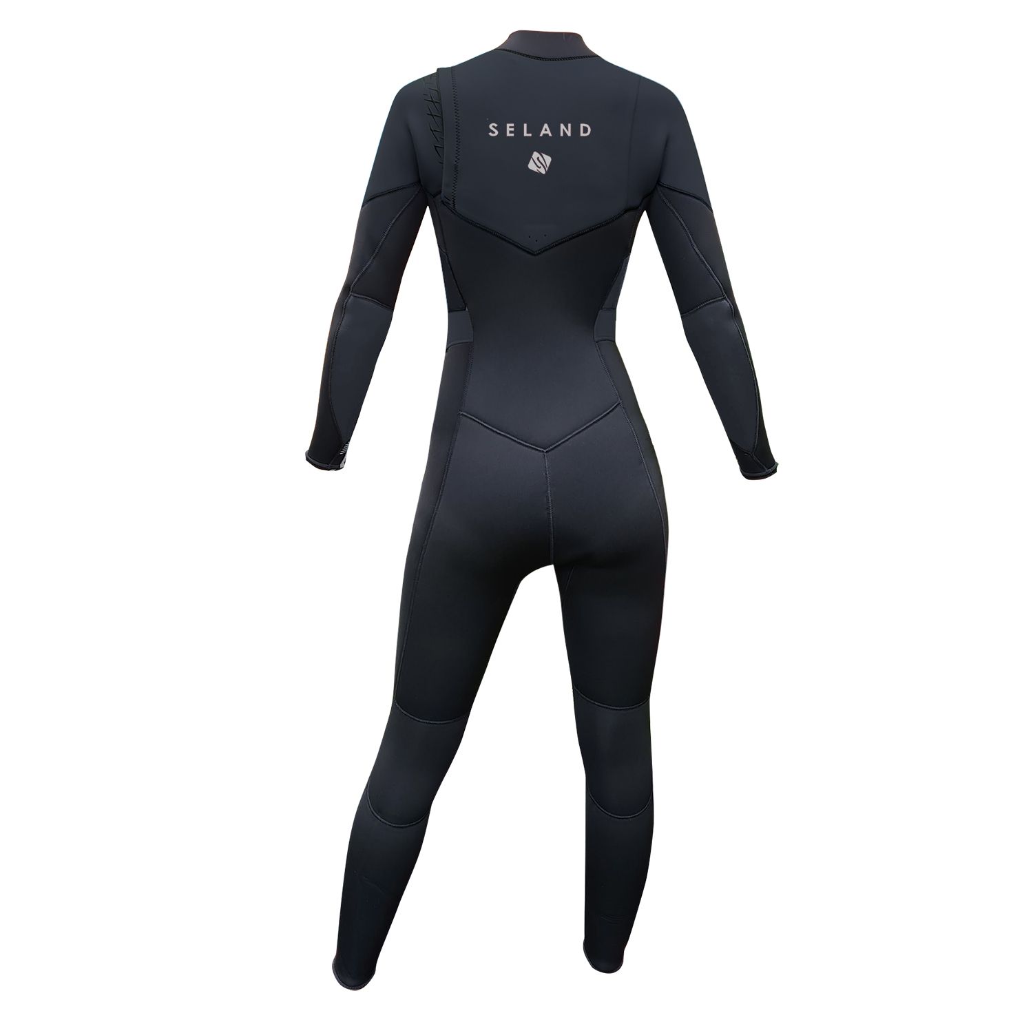 Roupa de mergulho preta de corpo inteiro com mangas compridas, gola alta e detalhes do logotipo.