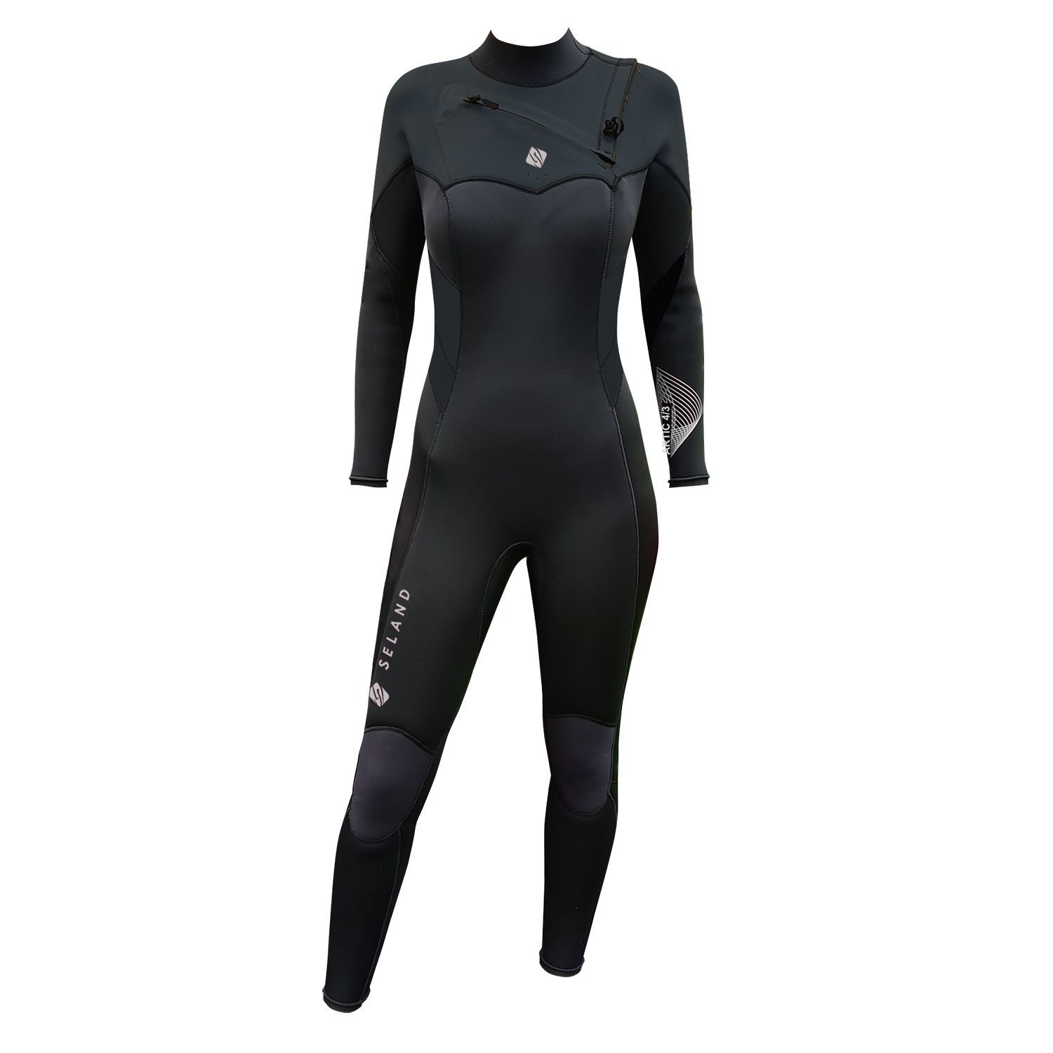 Roupa de mergulho preta de corpo inteiro com mangas compridas, gola alta e detalhes do logotipo.