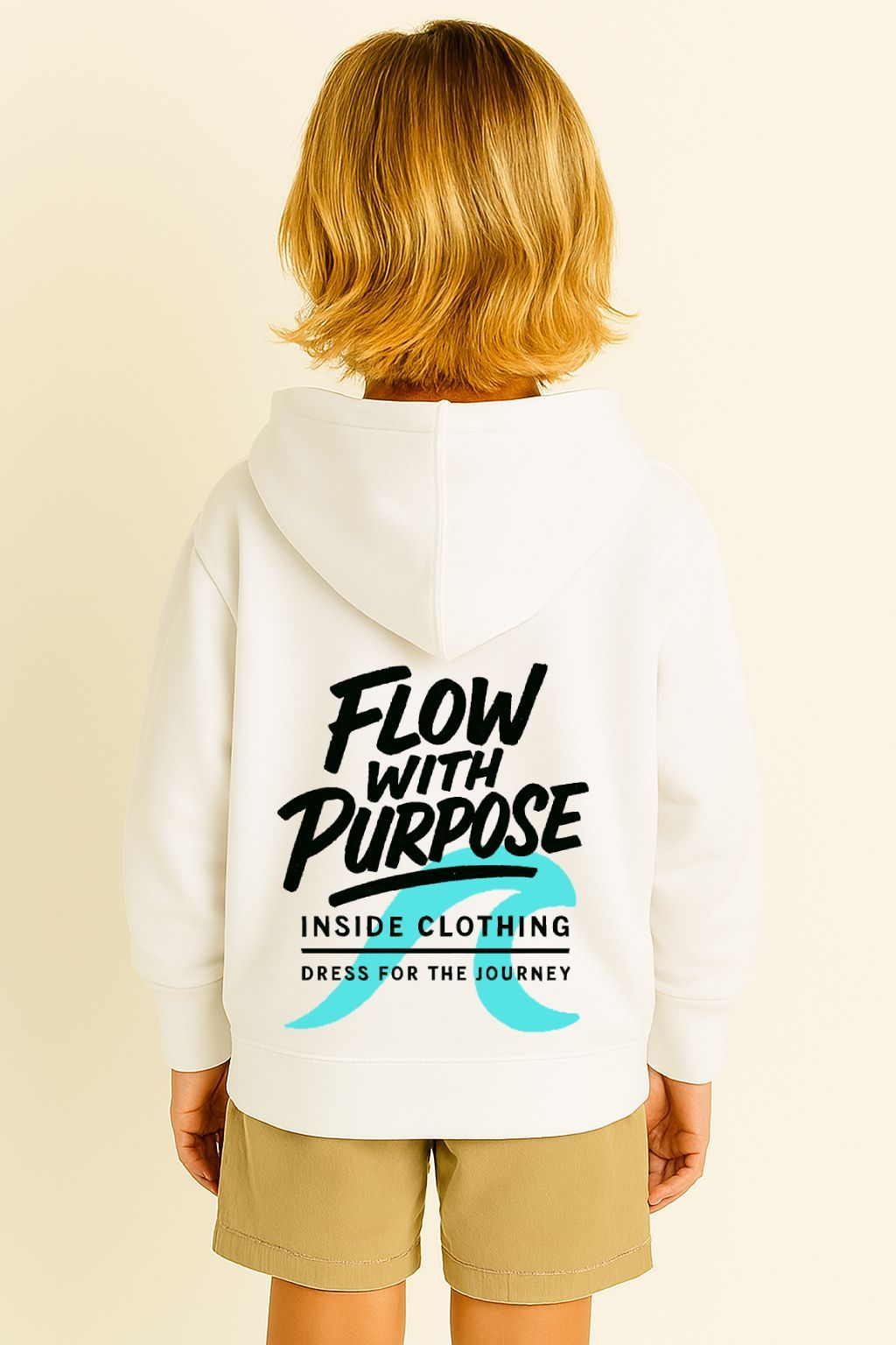 Criança vestindo um moletom branco com o texto "FLOW WITH PURPOSE" nas costas e shorts bege.