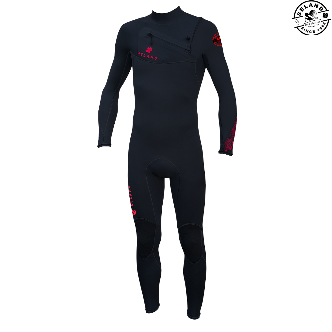 Roupa de mergulho preta com detalhes em vermelho, provavelmente para surfe.