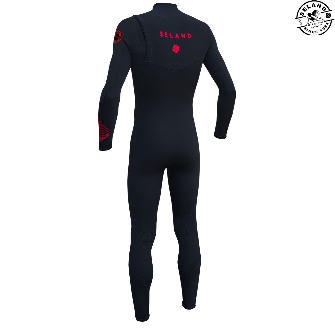 Roupa de mergulho preta com detalhes em vermelho, provavelmente para surfe.