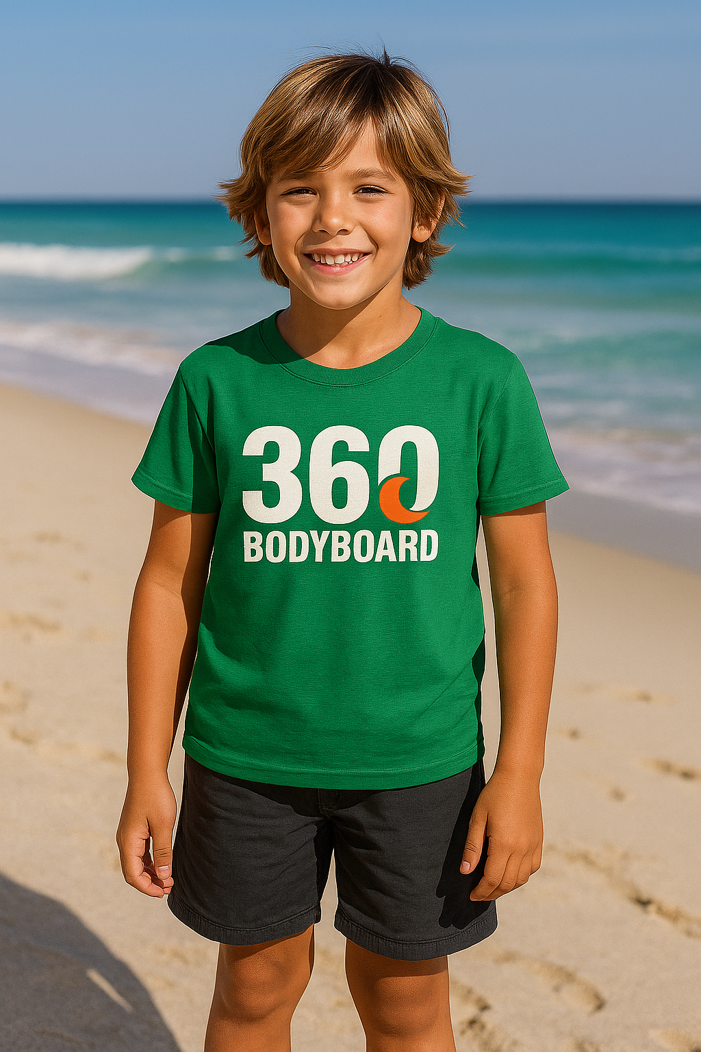 Menino sorrindo na praia vestindo camiseta verde "360 BODYBOARD" e shorts pretos.