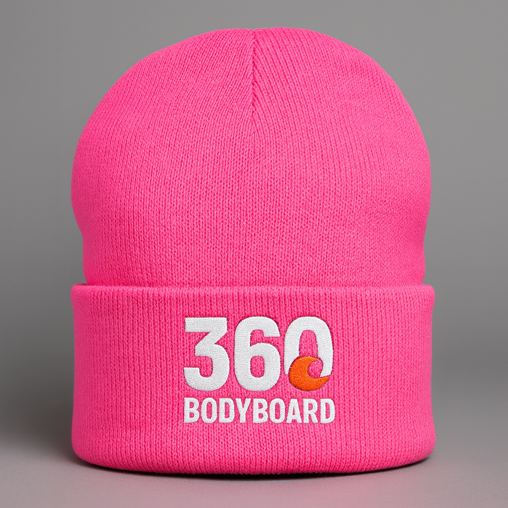 Gorro de malha rosa brilhante com logotipo branco "360 BODYBOARD".