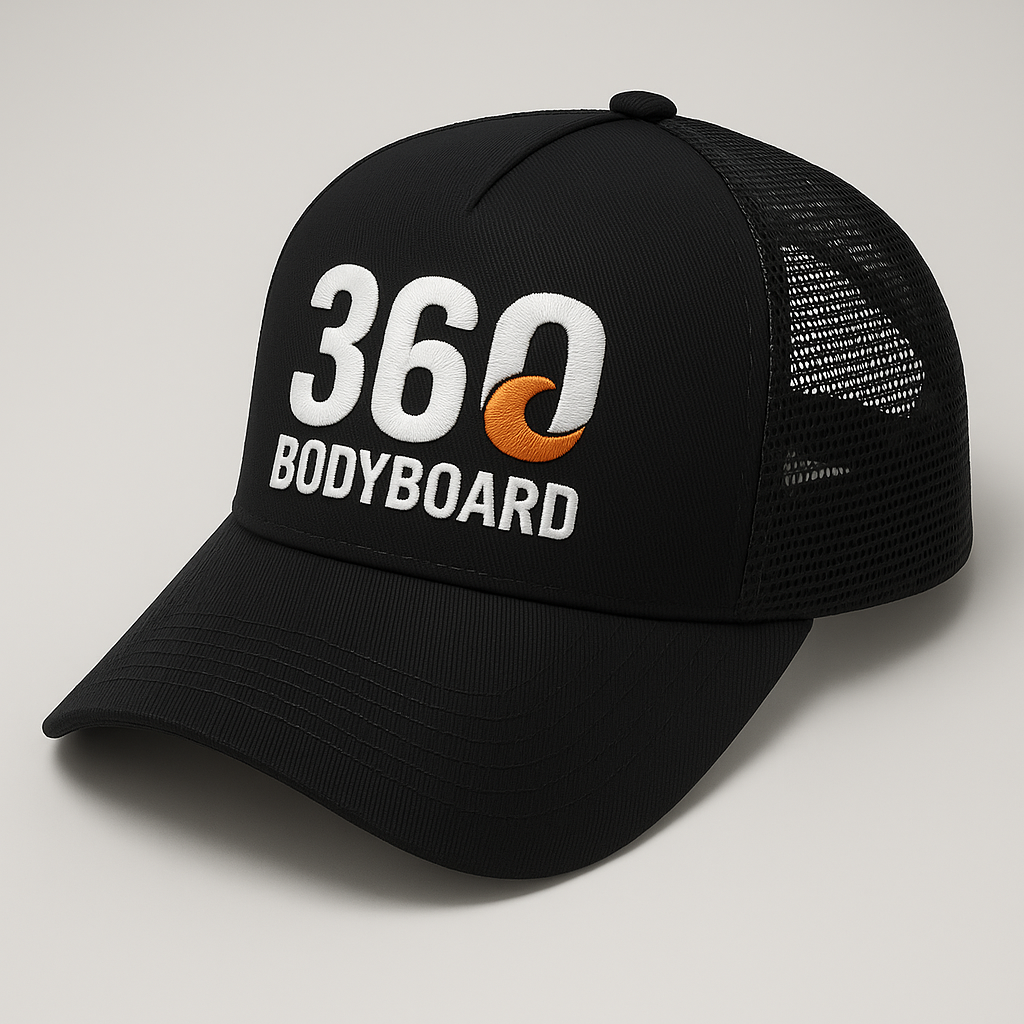 Boné de beisebol preto com logotipo "360 BODYBOARD".