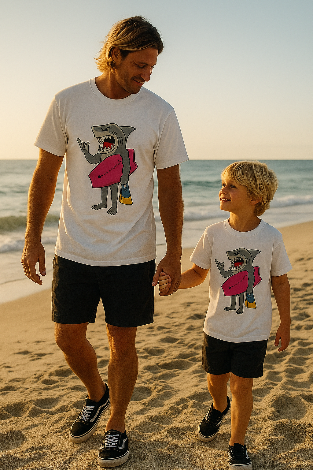 Camiseta branca com estampa de tubarão de desenho animado, prancha de surfe e nadadeiras.