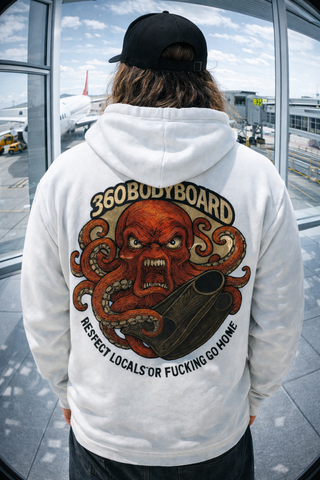 Homem com moletom branco com estampa de polvo, em pé em um aeroporto.