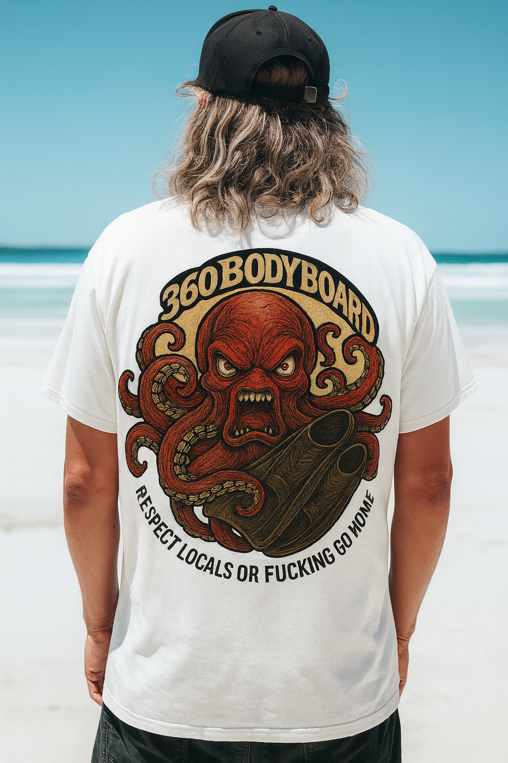 Pessoa vestindo uma camiseta branca com um polvo vermelho estampado e a frase 