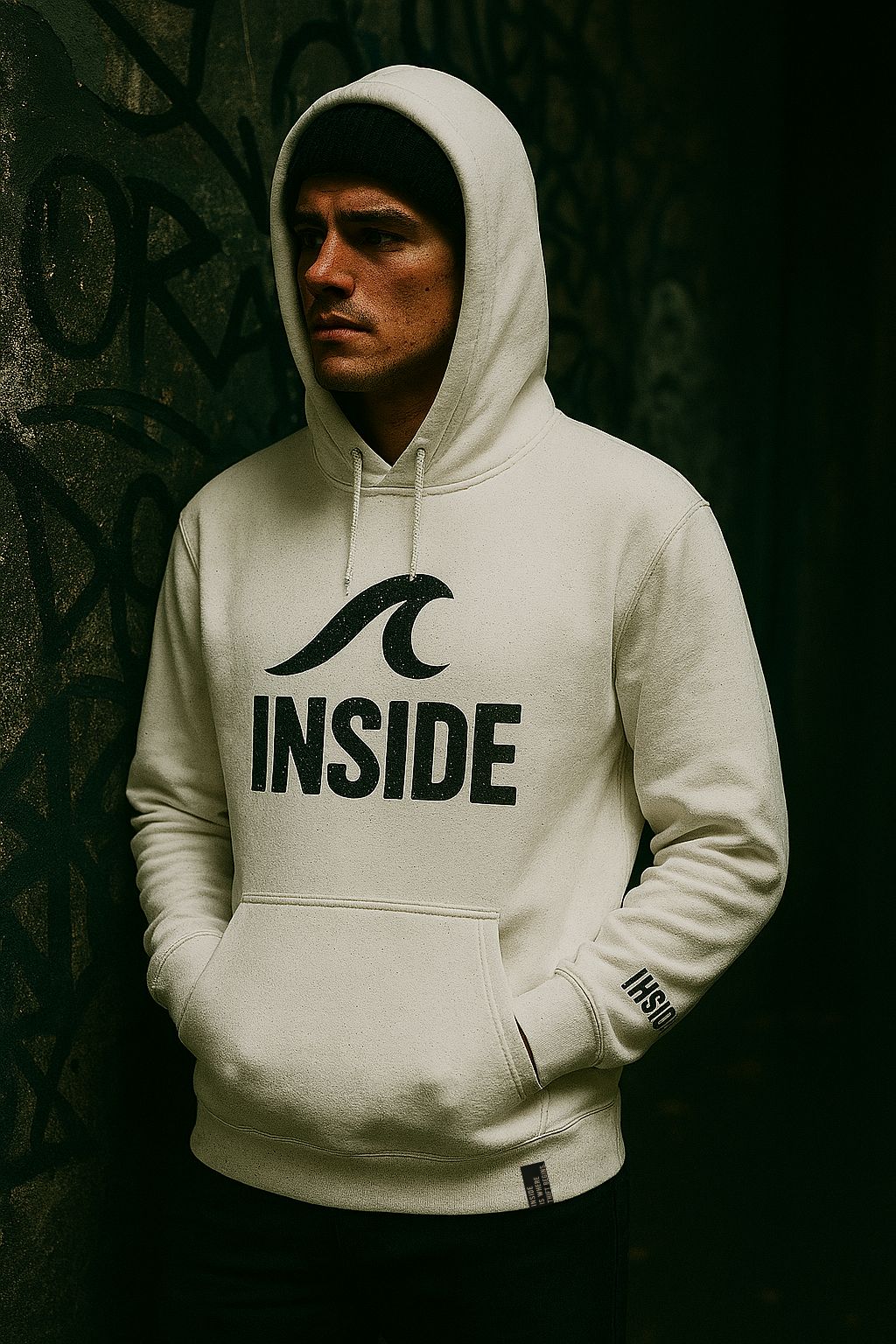 Pessoa com moletom creme com a inscrição "INSIDE" e o logotipo da onda, mãos nos bolsos. Fundo escuro, coberto de grafite.