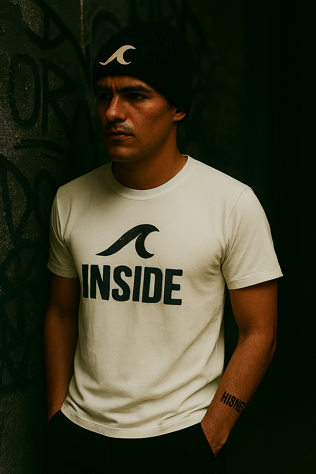 Homem de gorro e camiseta com logotipo de onda e "DENTRO", mãos nos bolsos, olhando para o lado.